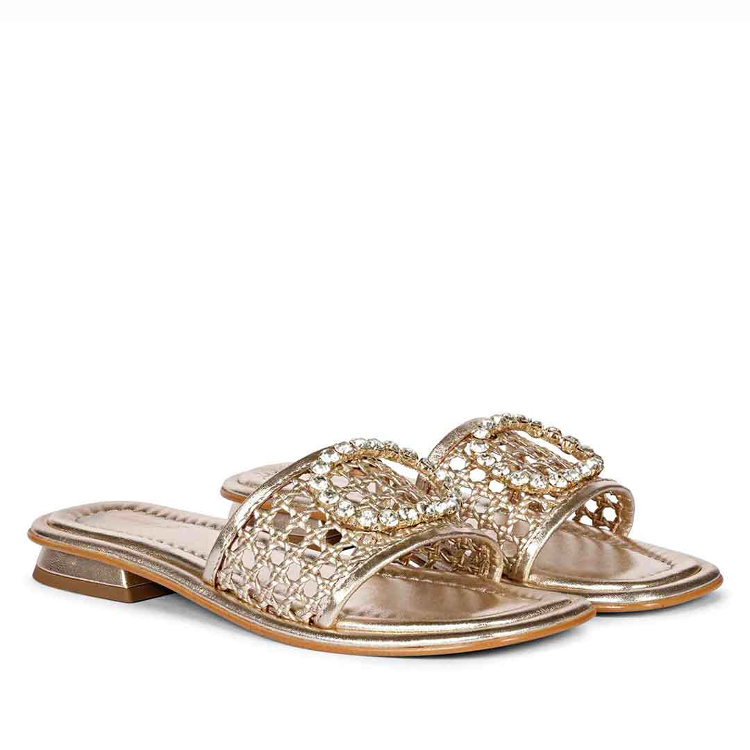 Saint Carly Gold Woven Leather Crystal Buckle Slide - Image 3