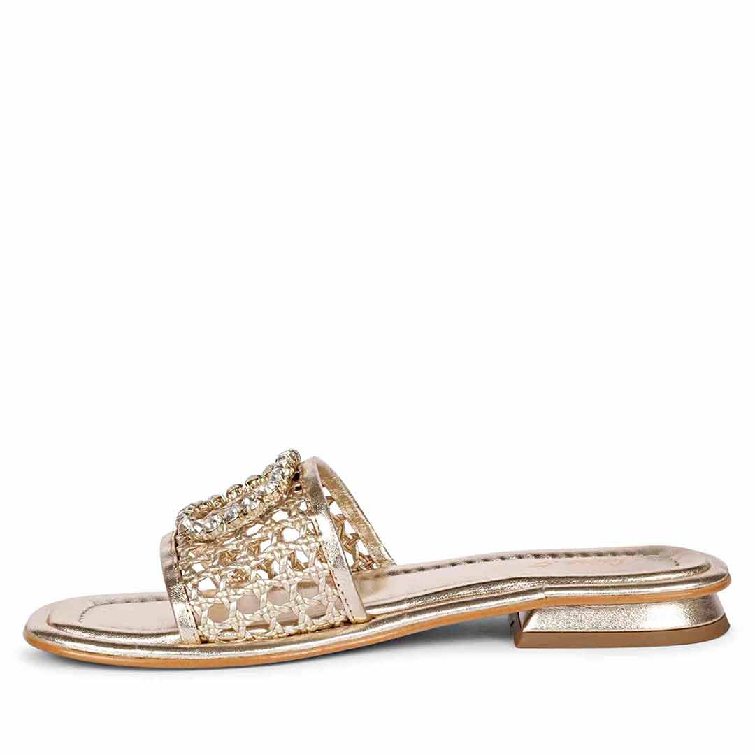 Saint Carly Gold Woven Leather Crystal Buckle Slide - Image 4