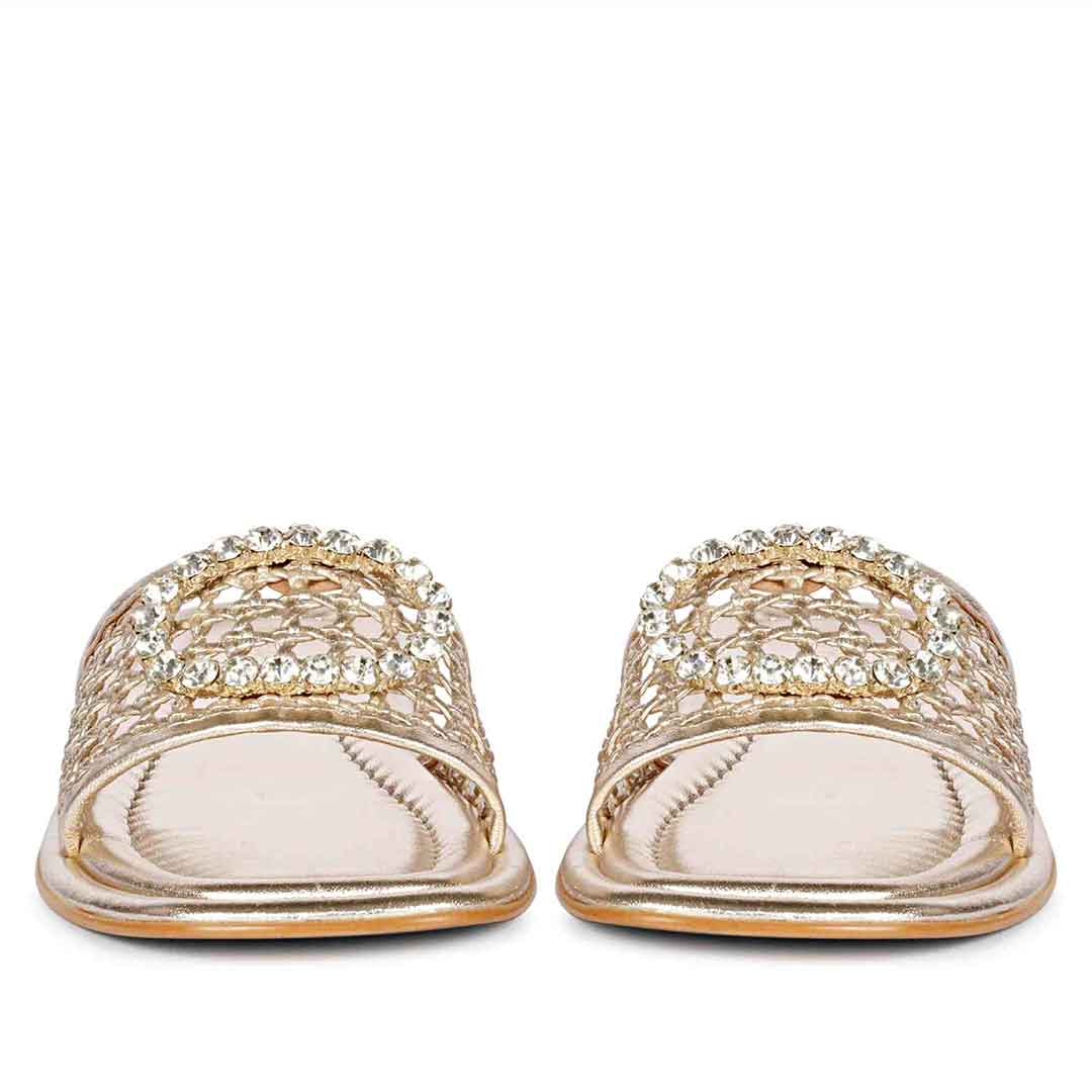 Saint Carly Gold Woven Leather Crystal Buckle Slide - Image 5