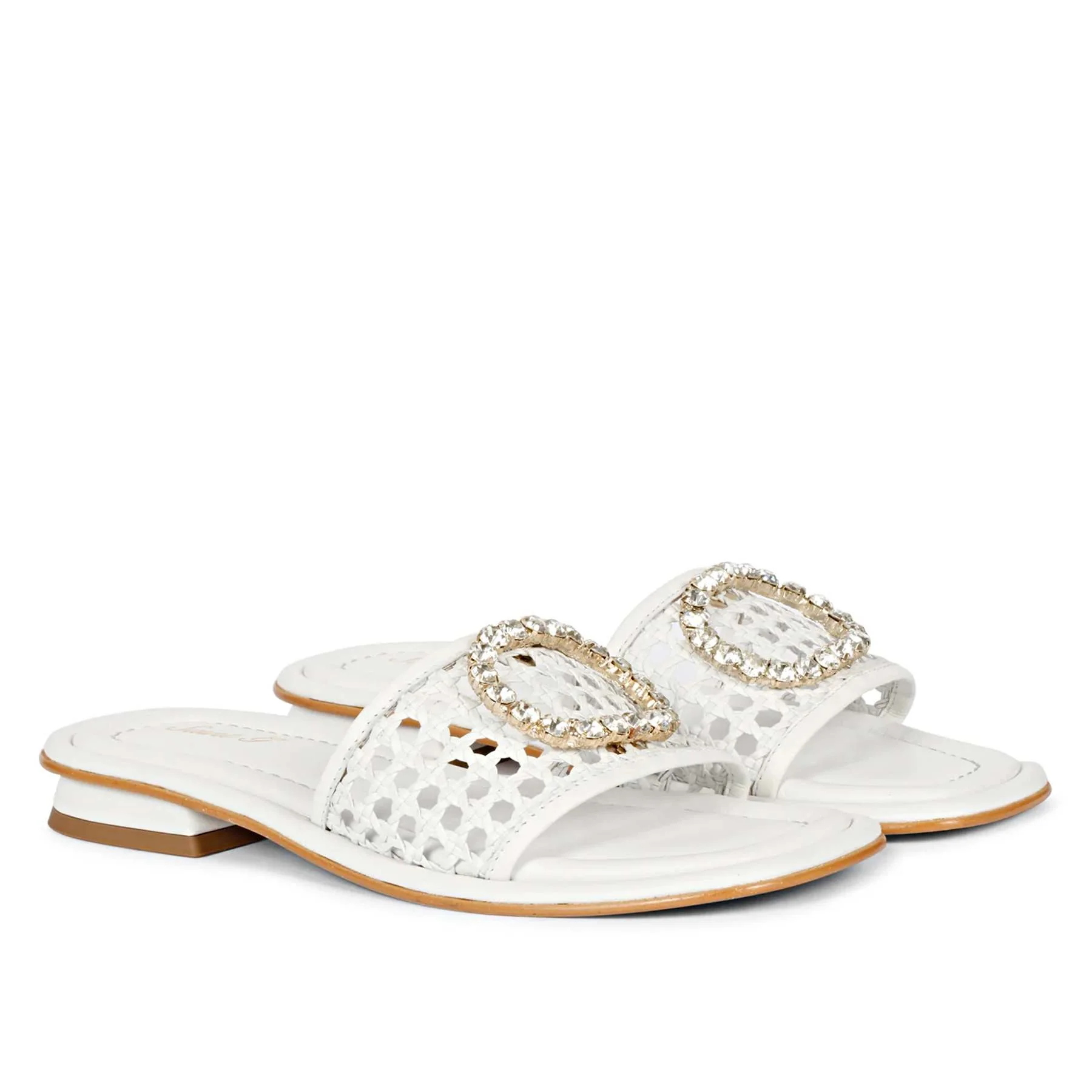 Saint Carly Off white Woven Leather Crystal Buckle Slide - Image 3