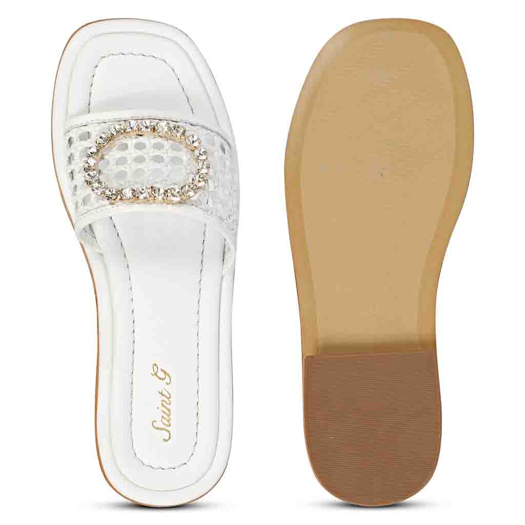 Saint Carly Off white Woven Leather Crystal Buckle Slide - Image 7