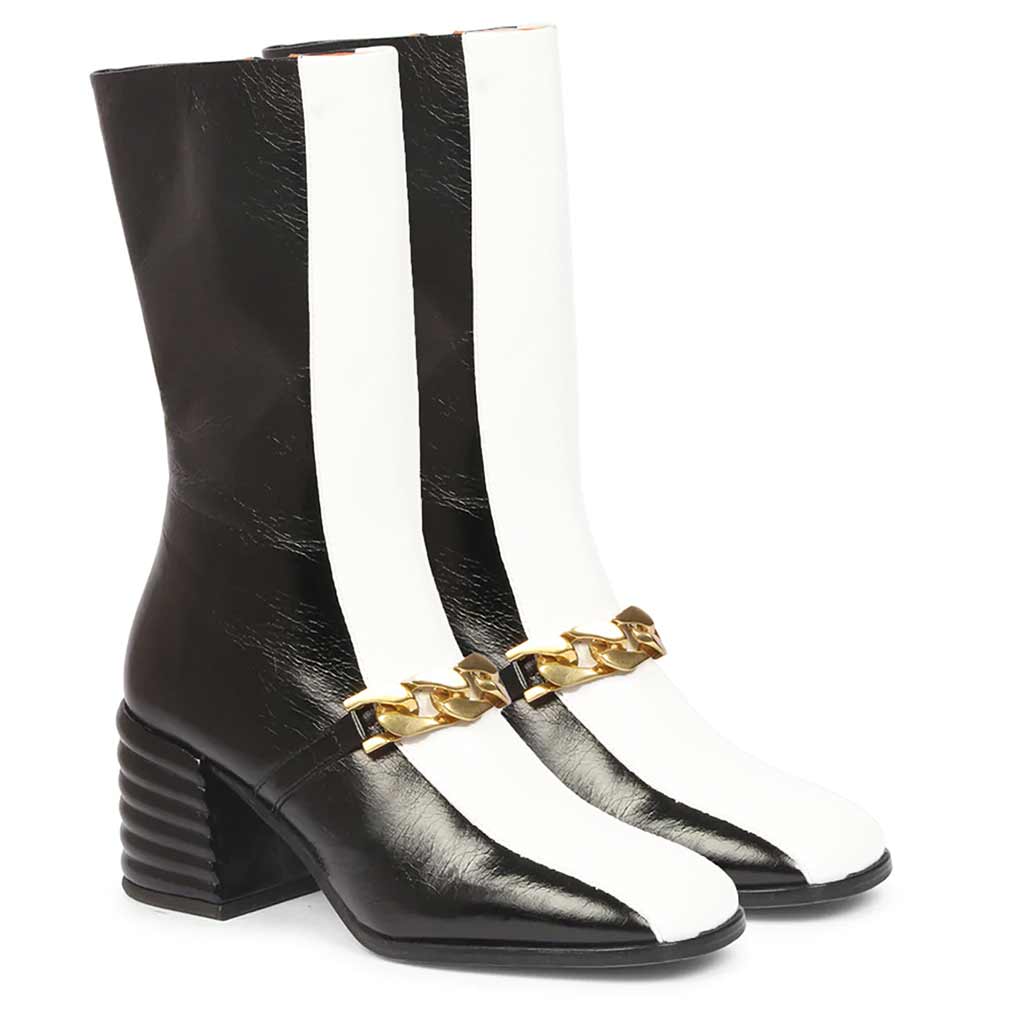 Saint Carmelo White & Black Leather Calf Length Hight Ankle Boots - Image 3