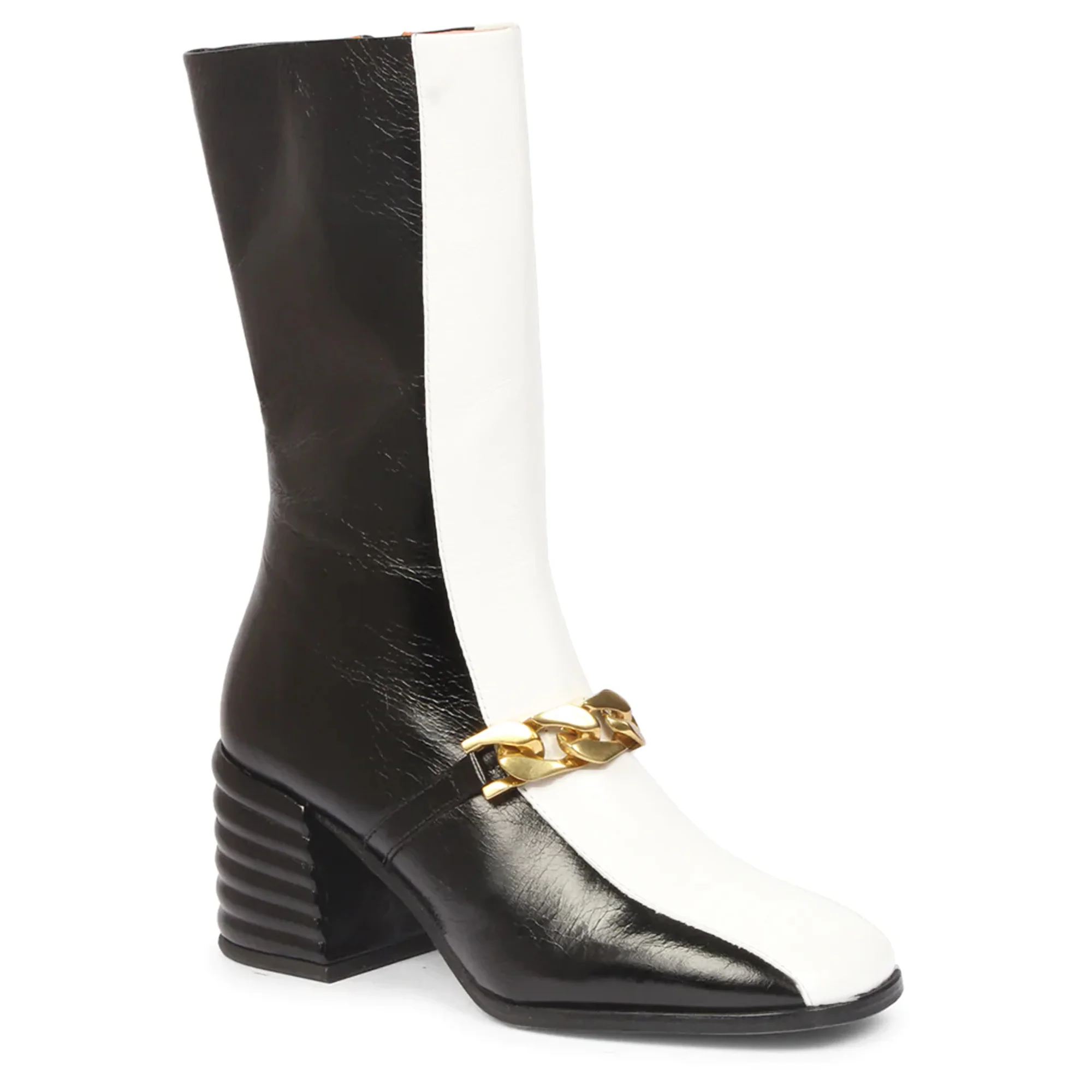 Saint Carmelo White & Black Leather Calf Length Hight Ankle Boots - Image 4