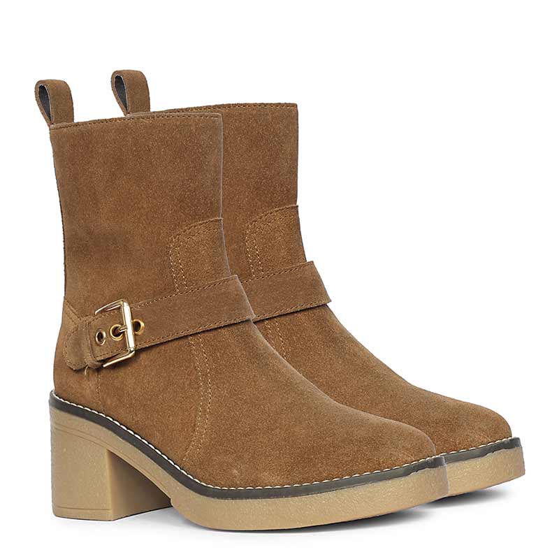 Saint Carmen Buckle Tan Suede Leather Ankle Boots - Image 2