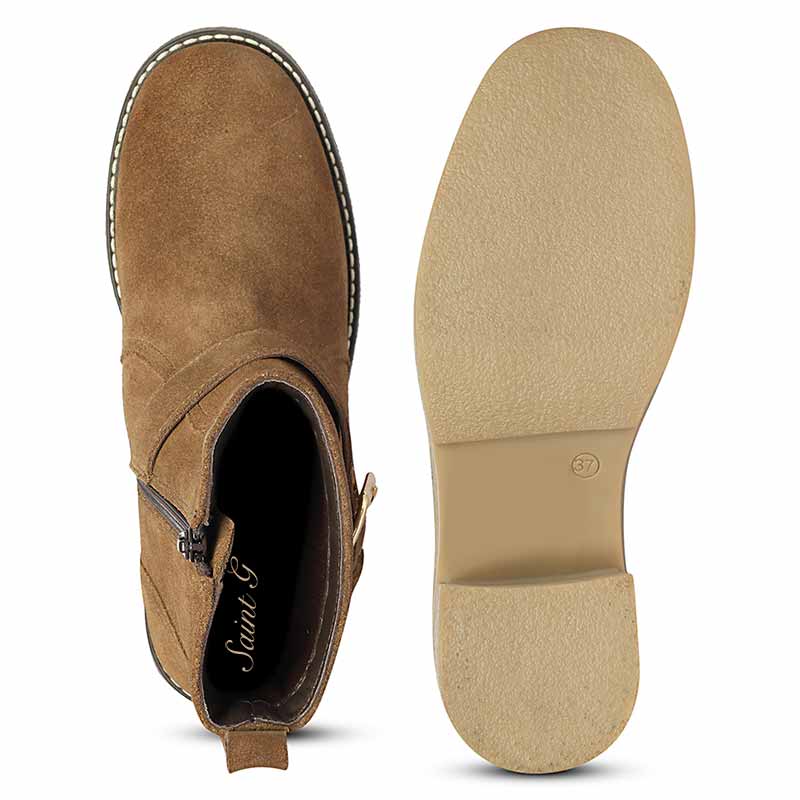Saint Carmen Buckle Tan Suede Leather Ankle Boots - Image 6