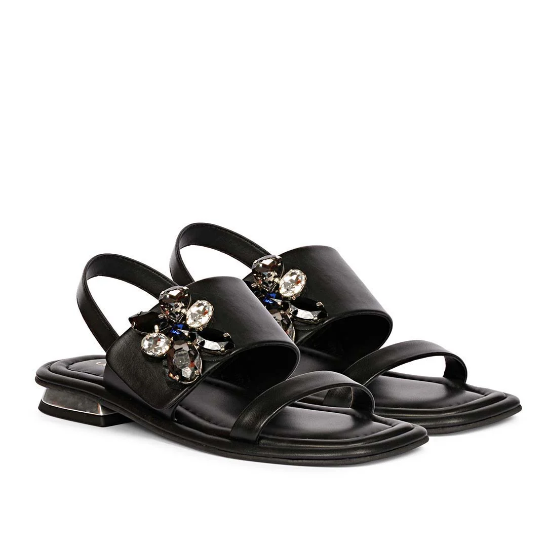 Saint Carona Multi Stone Butterfly Trim Black Leather Sandals - Image 3