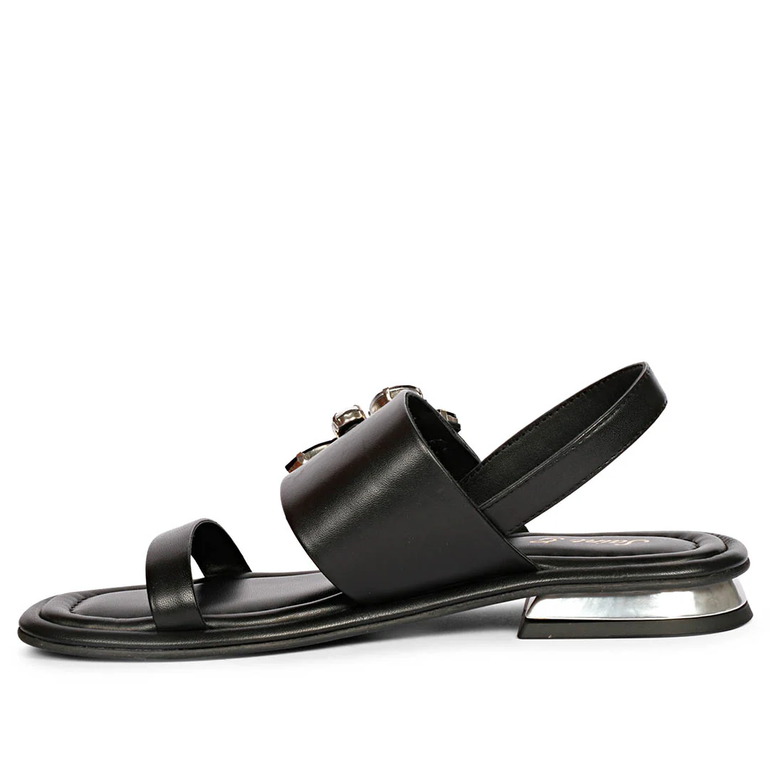 Saint Carona Multi Stone Butterfly Trim Black Leather Sandals - Image 4
