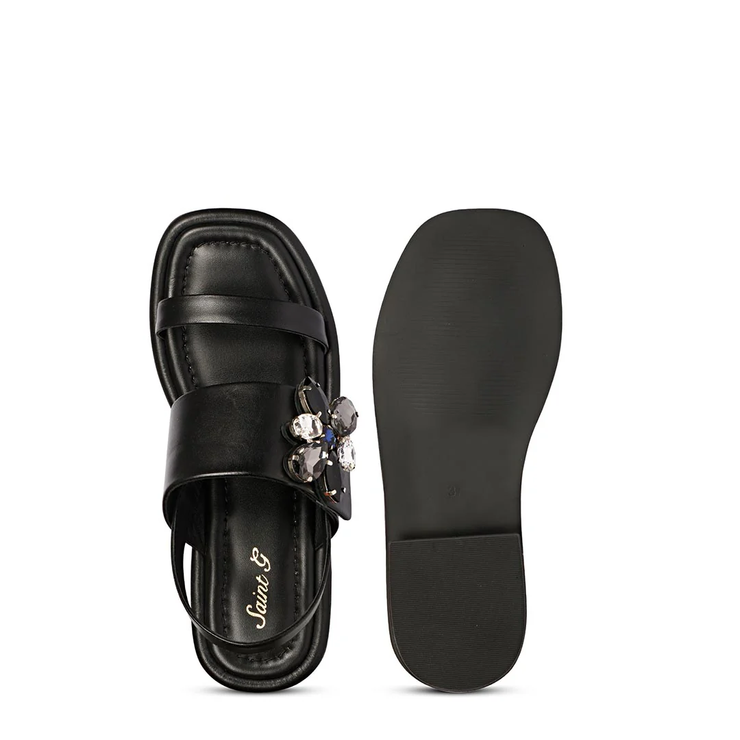 Saint Carona Multi Stone Butterfly Trim Black Leather Sandals - Image 7
