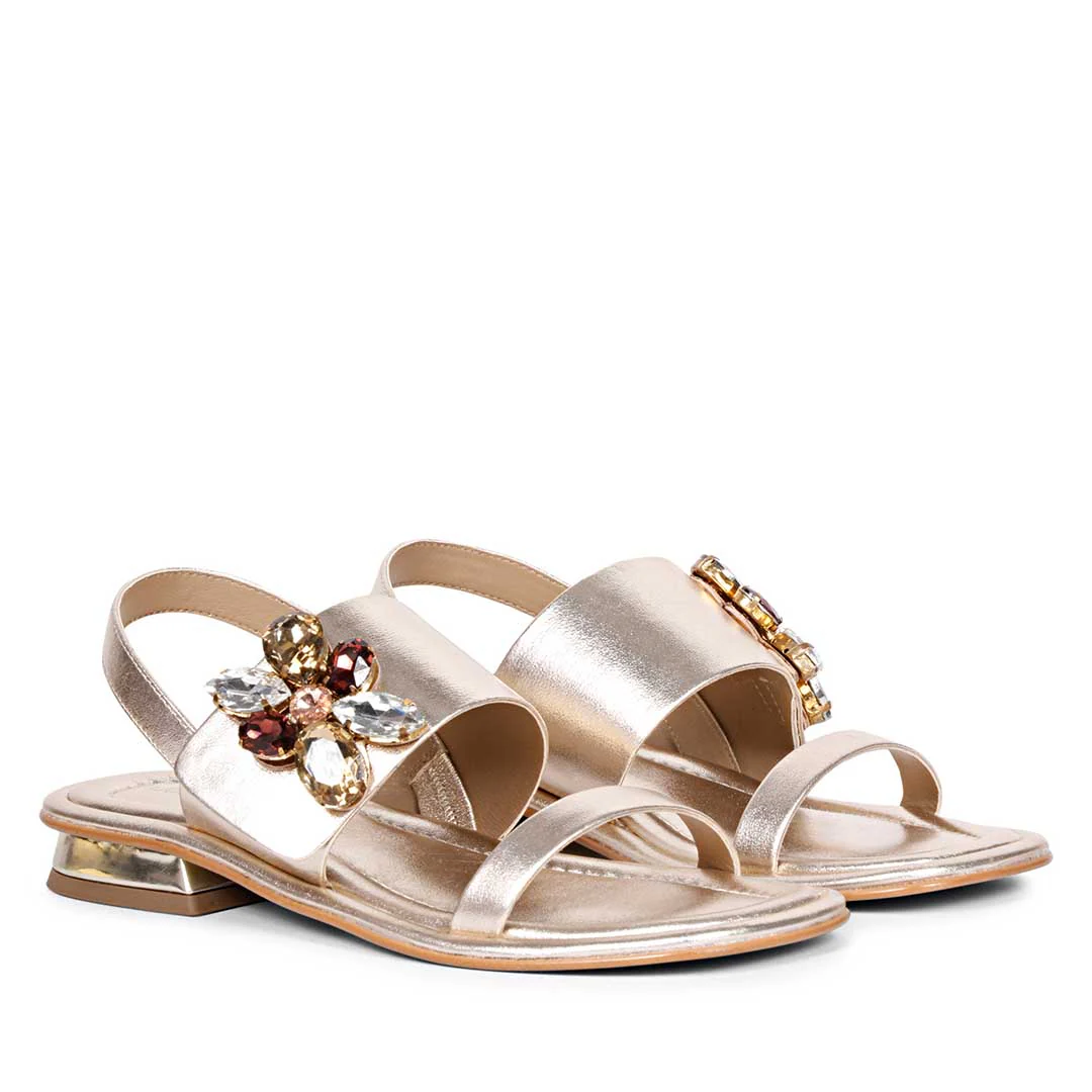 Saint Carona Multi Stone Butterfly Trim Gold Leather Sandals - Image 3