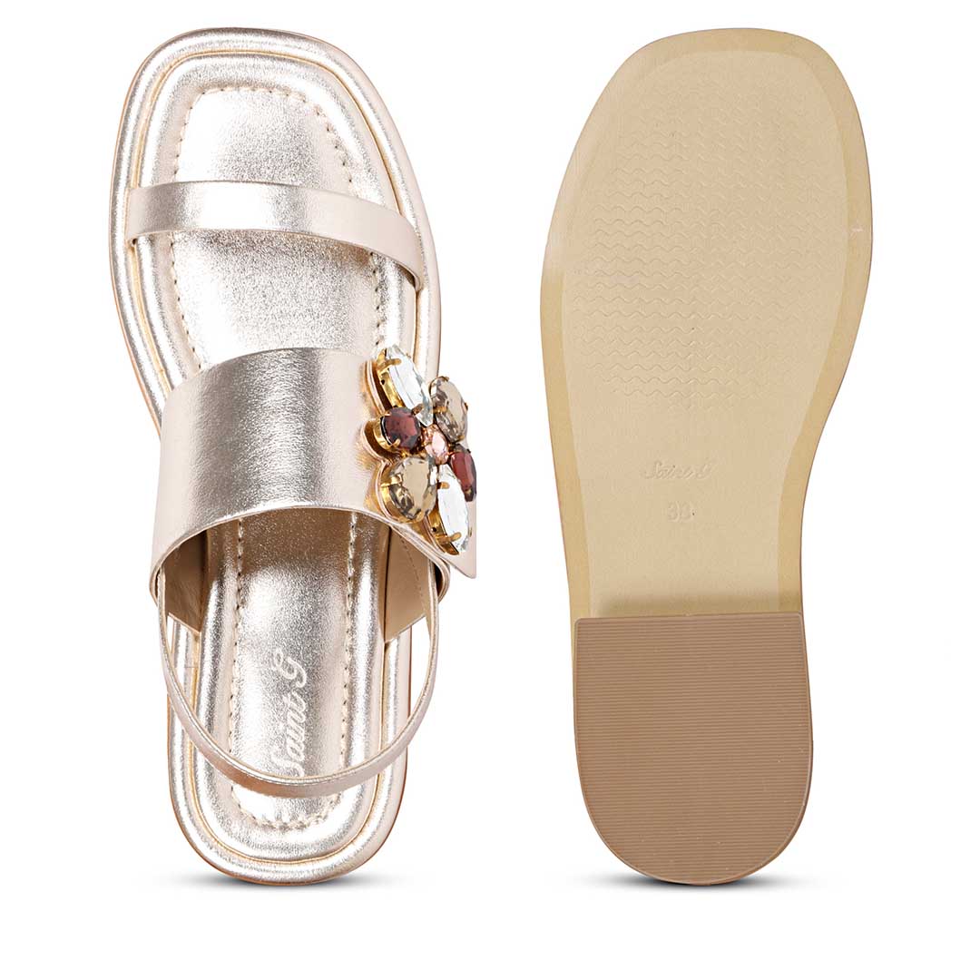 Saint Carona Multi Stone Butterfly Trim Gold Leather Sandals - Image 7