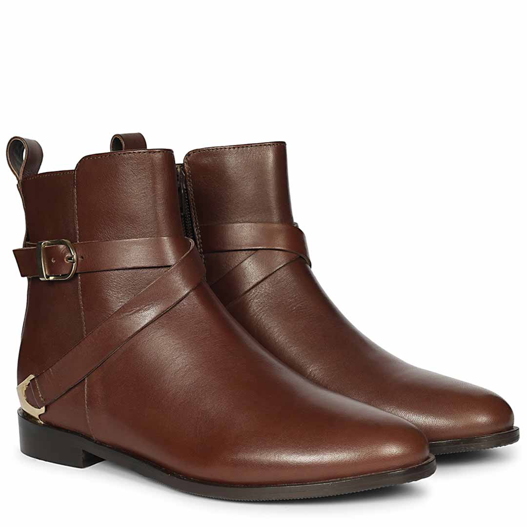 Saint Cathie Buckle Decor Brown Leather Ankle Boots - Image 2