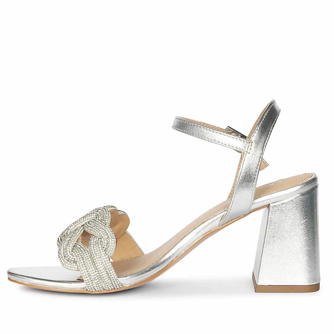 Saint Celeste Knot Embellished Silver Metallic Leather Heels - Image 6