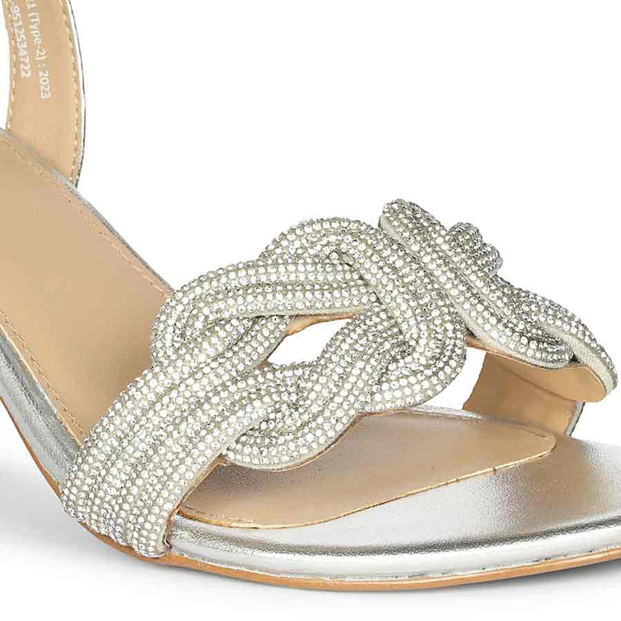 Saint Celeste Knot Embellished Silver Metallic Leather Heels - Image 7