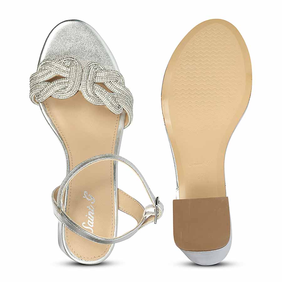 Saint Celeste Knot Embellished Silver Metallic Leather Heels - Image 8