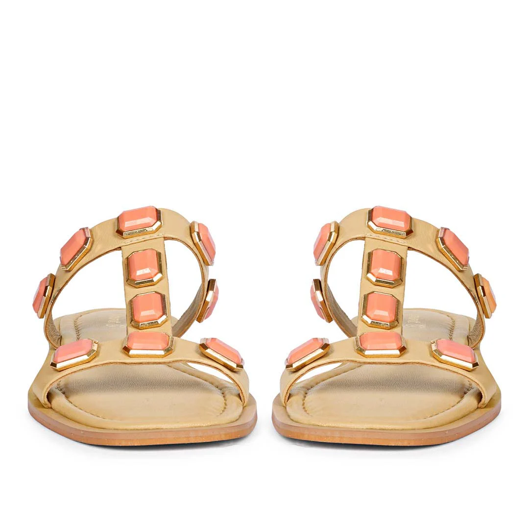 Saint Celeste Pink Stones Embellished Natural Leather Flats - Image 4