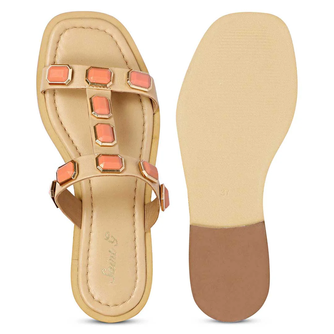 Saint Celeste Pink Stones Embellished Natural Leather Flats - Image 6