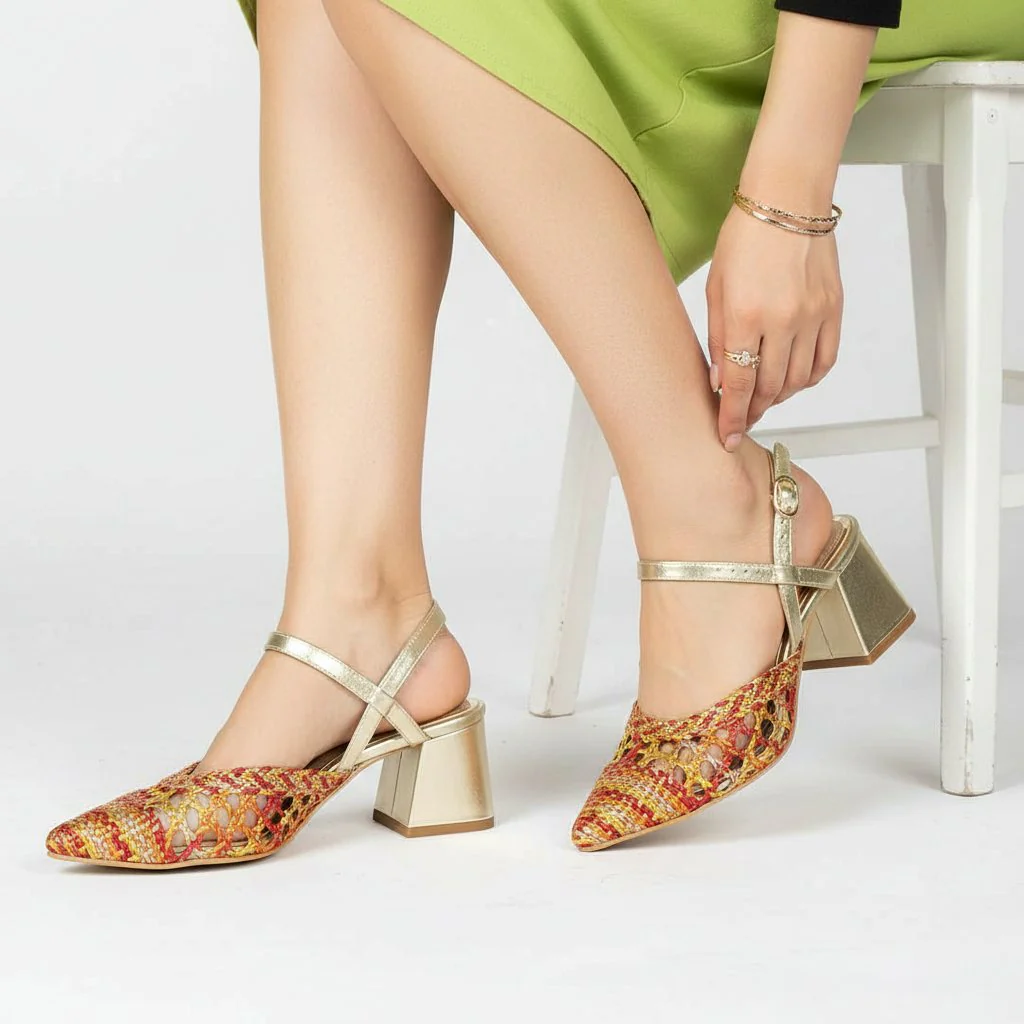 Saint Cianna Orange Multi Hand-Woven Leather Block Heels - Image 2