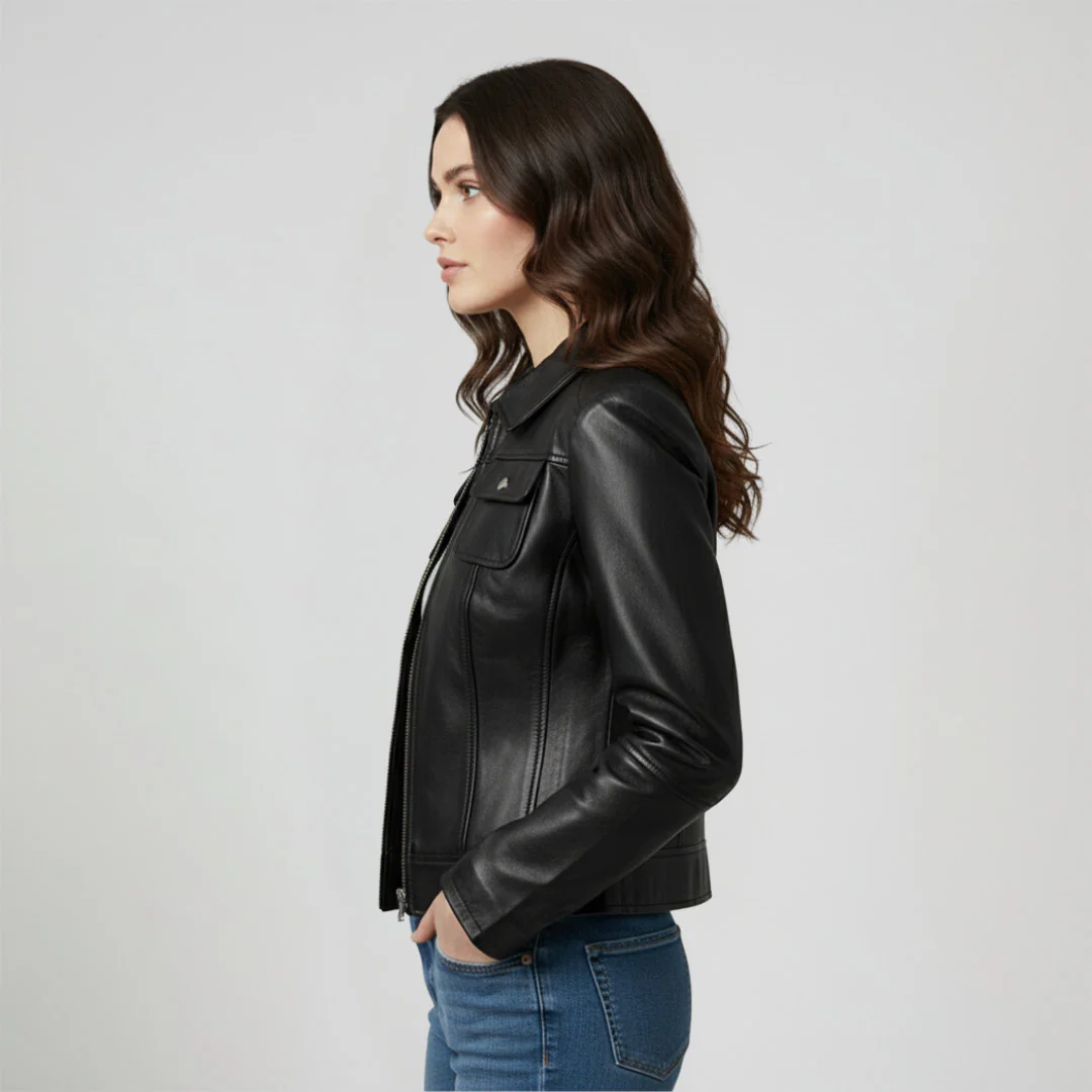 Saint Claiborne Women black Leather Spread Collar Jackets - Image 3