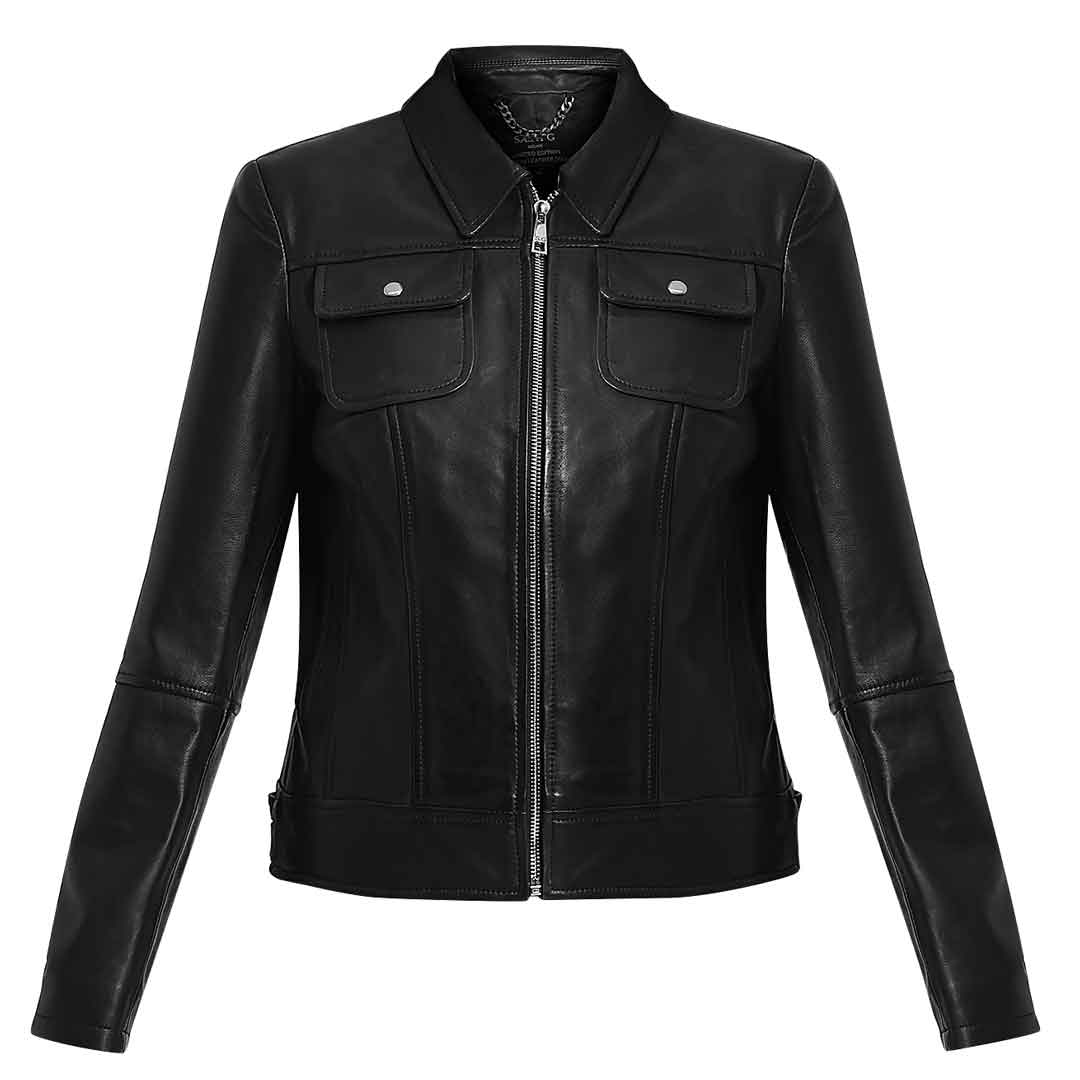 Saint Claiborne Women black Leather Spread Collar Jackets - Image 5