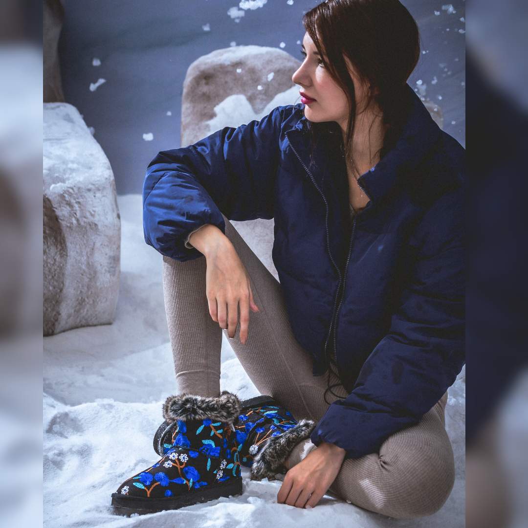 Saint Clarisse Blue Floral Embroidered Suede Leather Snug Boots - Image 2