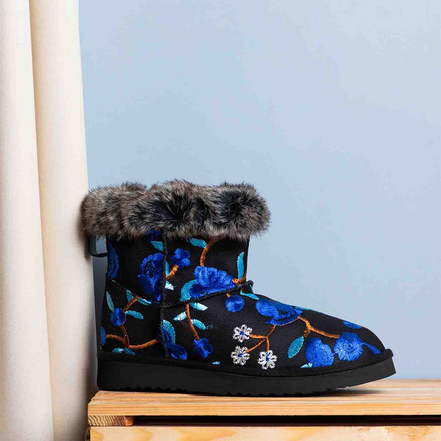 Saint Clarisse Blue Floral Embroidered Suede Leather Snug Boots - Image 6