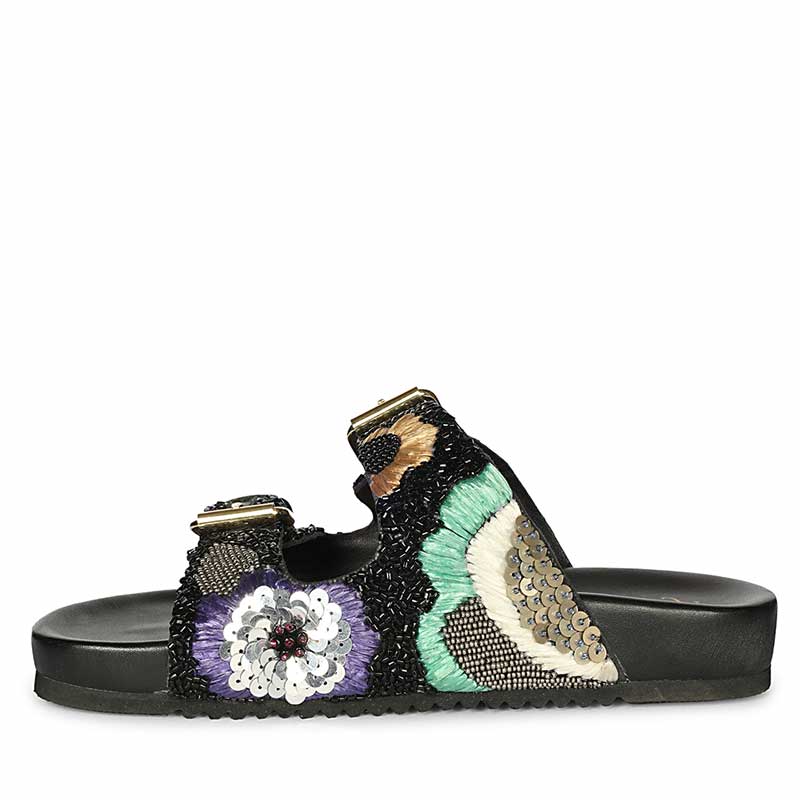 Saint Clio Hand Embroidered Black Leather Footbed Sandals - Image 3