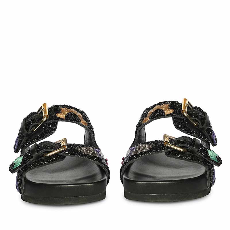Saint Clio Hand Embroidered Black Leather Footbed Sandals - Image 4