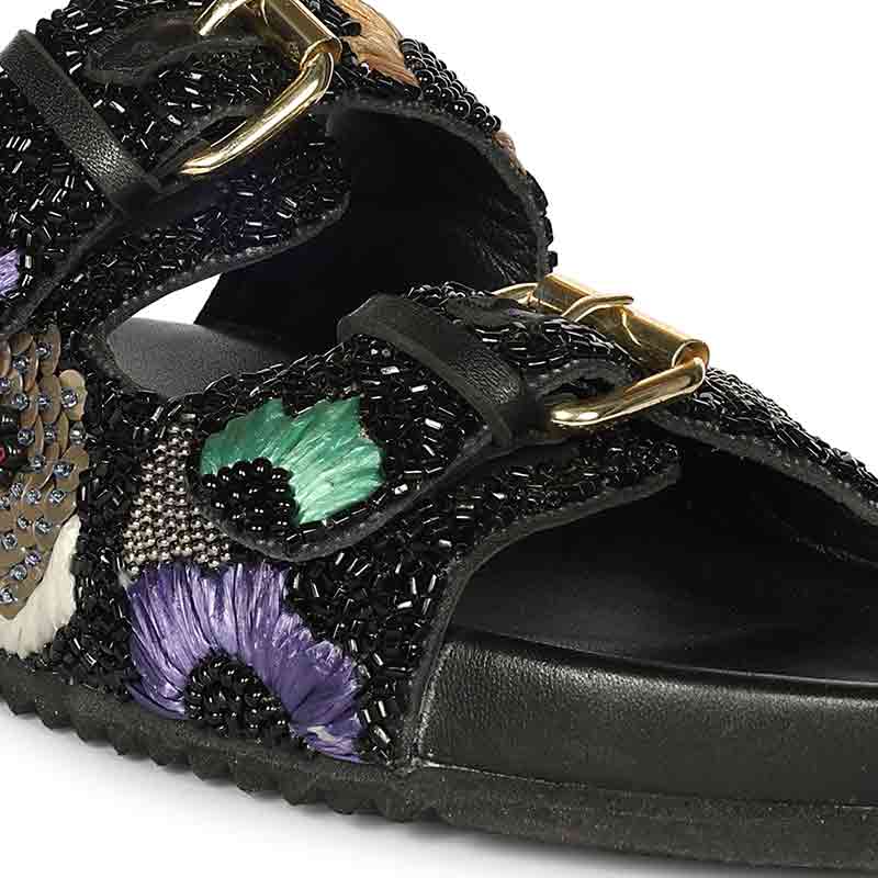 Saint Clio Hand Embroidered Black Leather Footbed Sandals - Image 7