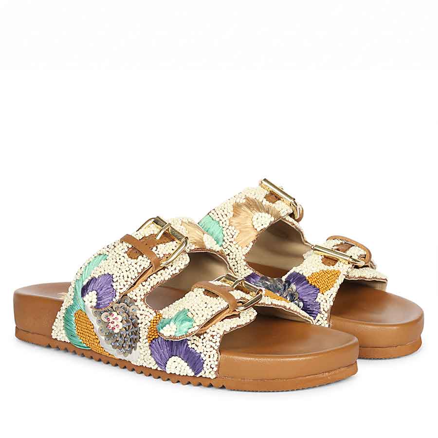 Saint Clio Hand-Embroidered Tan Leather Footbed Sandals - Image 3