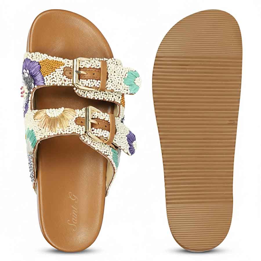 Saint Clio Hand-Embroidered Tan Leather Footbed Sandals - Image 6