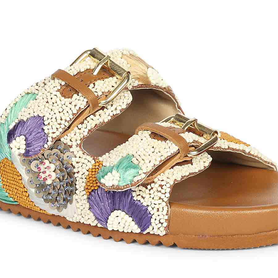 Saint Clio Hand-Embroidered Tan Leather Footbed Sandals - Image 7