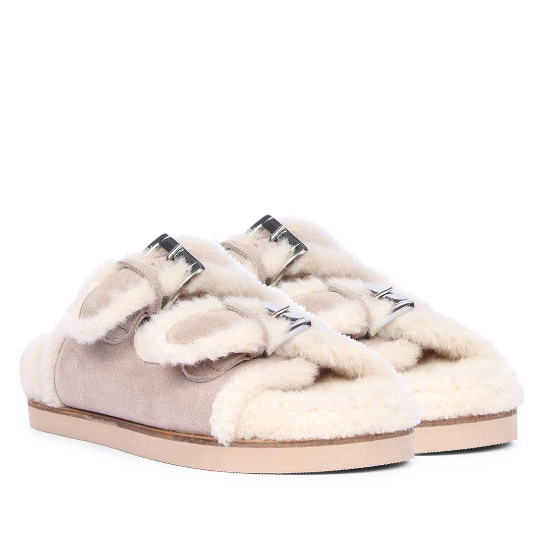 Saint Cosima Fur Taupe Suede Leather Snug Sandals - Image 2