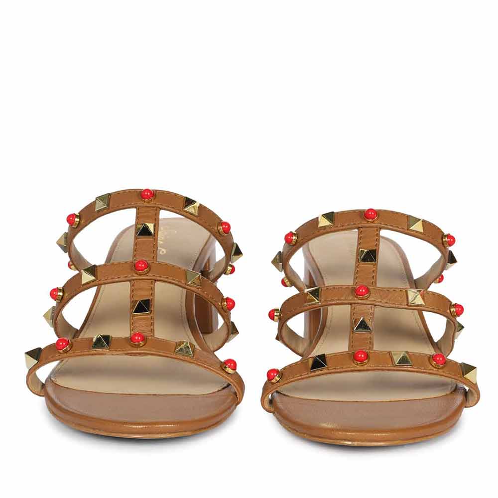 Saint Cressie Studded Tan Leather Block Heels - Image 3