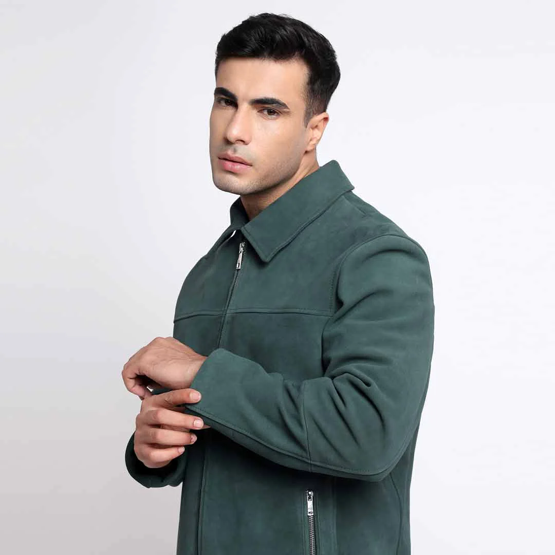 Saint Cristo Dark Green Suede Leather Men's Jacket With Collars - Image 2