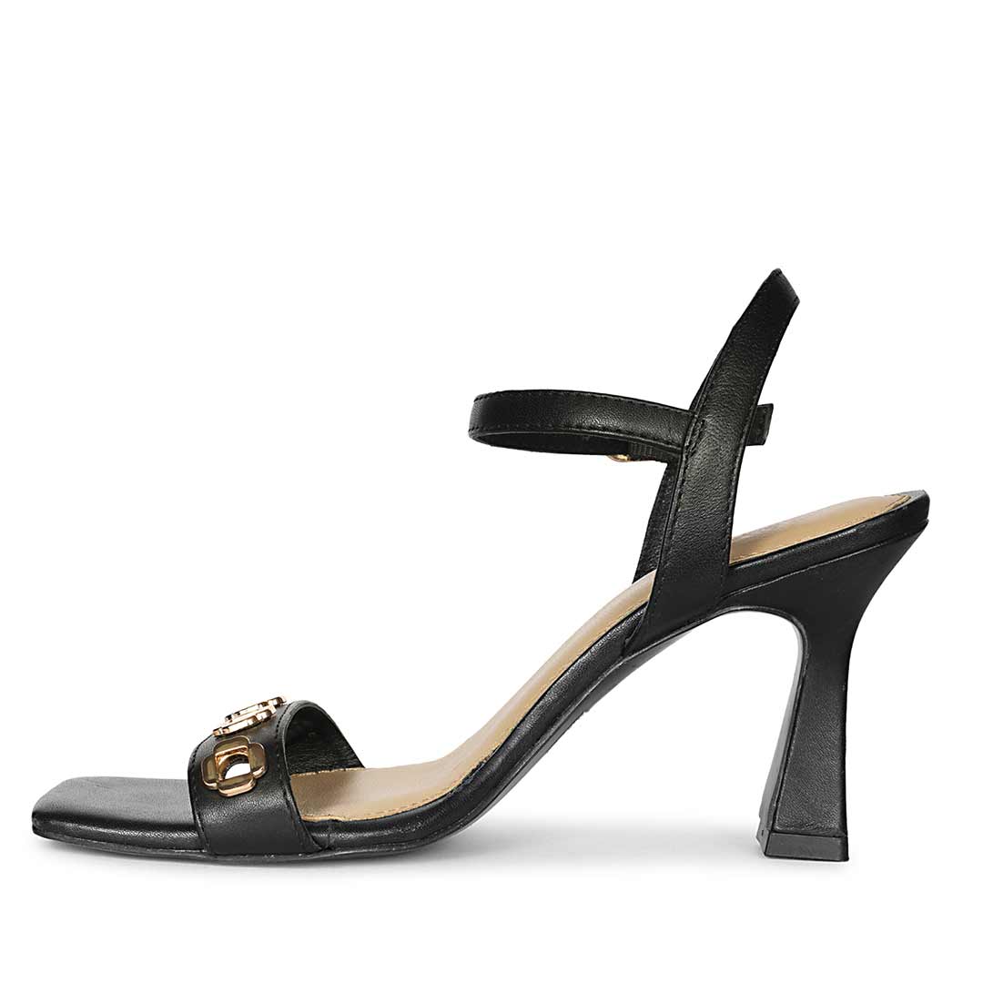 Saint Dahlia Gold Flower Eyelets Black Leather Heels - Image 3