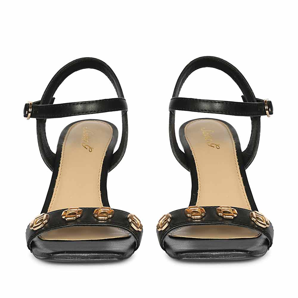 Saint Dahlia Gold Flower Eyelets Black Leather Heels - Image 4