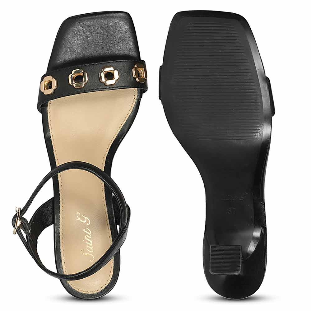 Saint Dahlia Gold Flower Eyelets Black Leather Heels - Image 6