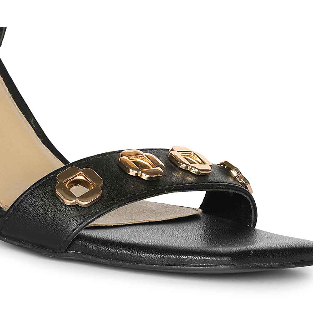 Saint Dahlia Gold Flower Eyelets Black Leather Heels - Image 7