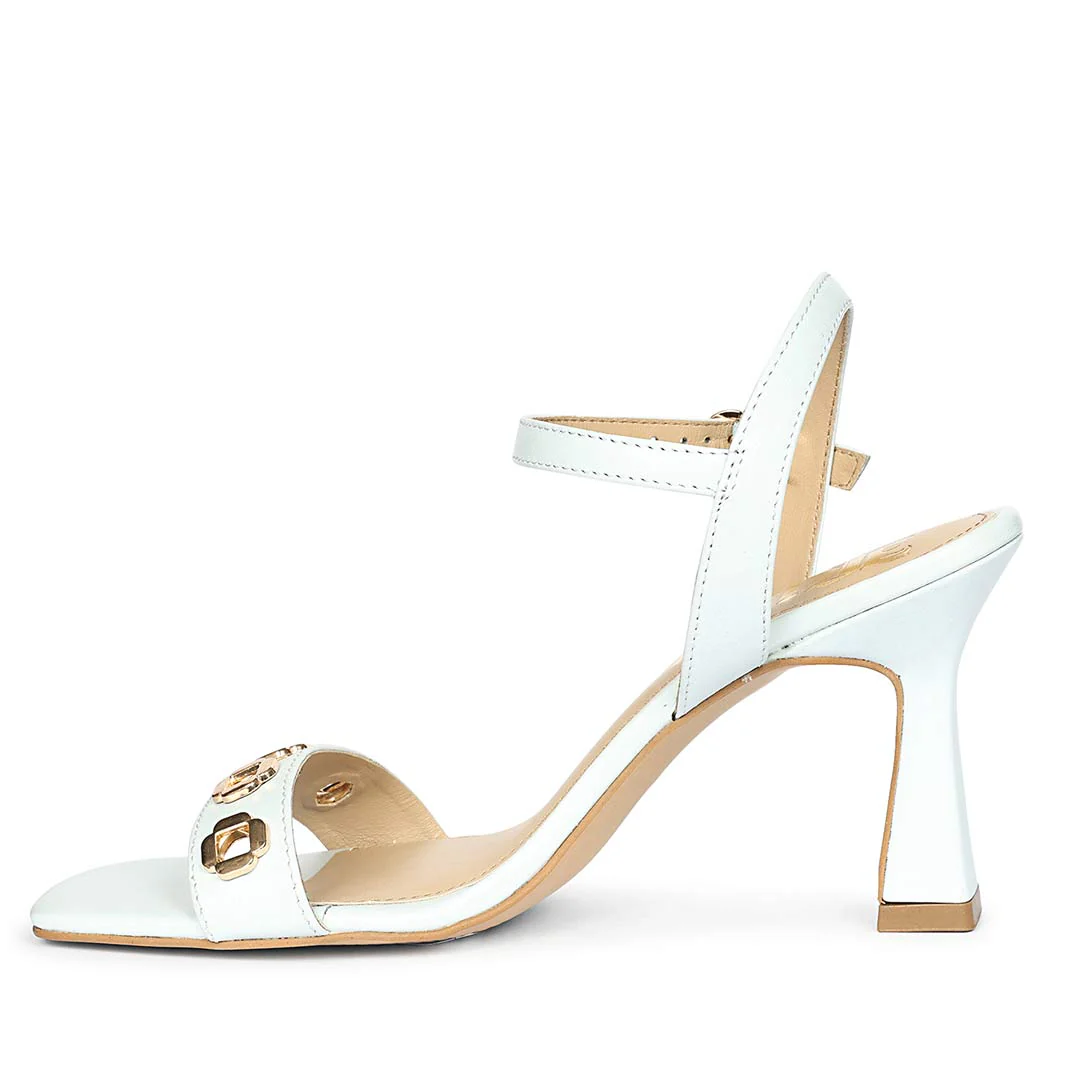 Saint Dahlia Gold Flower Eyelets Sky Leather Heels - Image 3