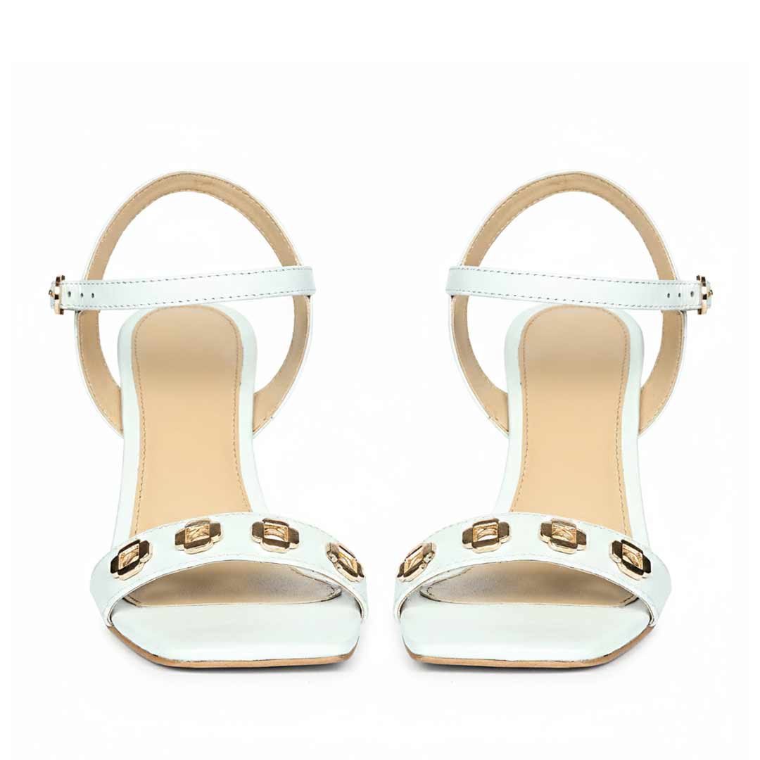 Saint Dahlia Gold Flower Eyelets Sky Leather Heels - Image 4