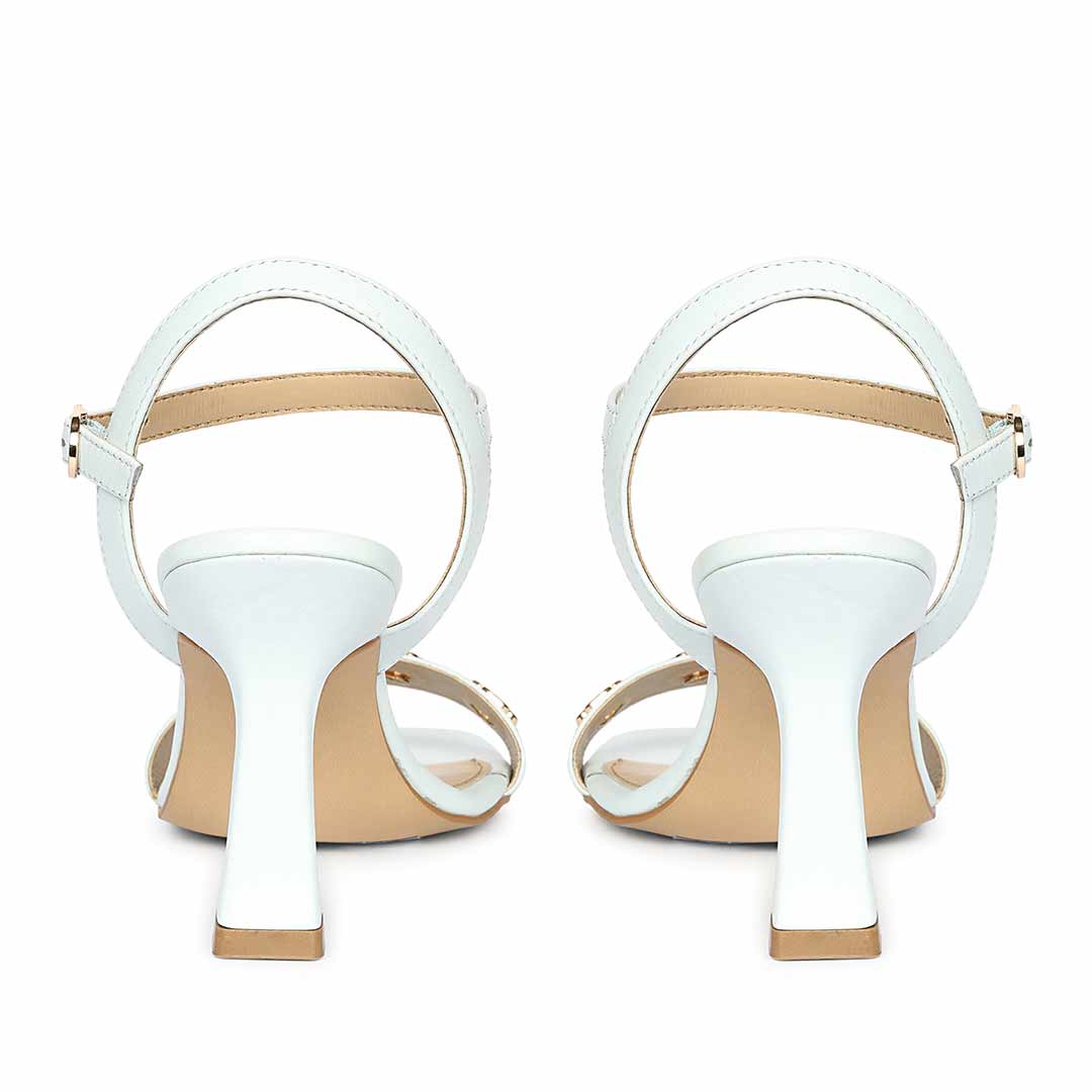 Saint Dahlia Gold Flower Eyelets Sky Leather Heels - Image 5