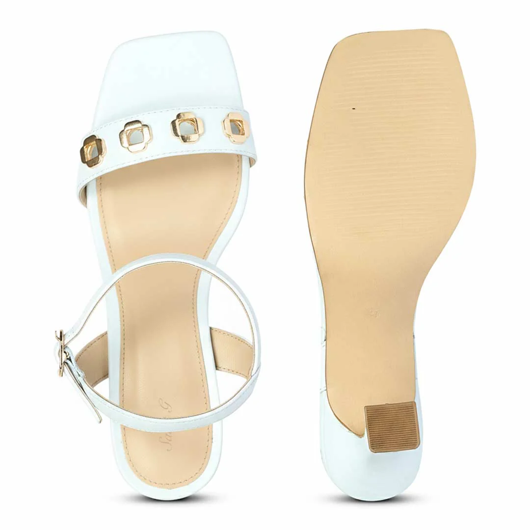 Saint Dahlia Gold Flower Eyelets Sky Leather Heels - Image 6