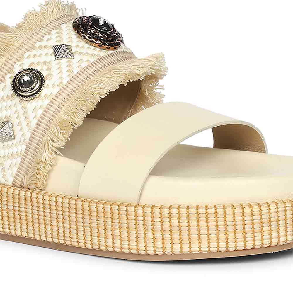 Saint Dahna Beige Raffia Leather Platform Sandals - Image 5