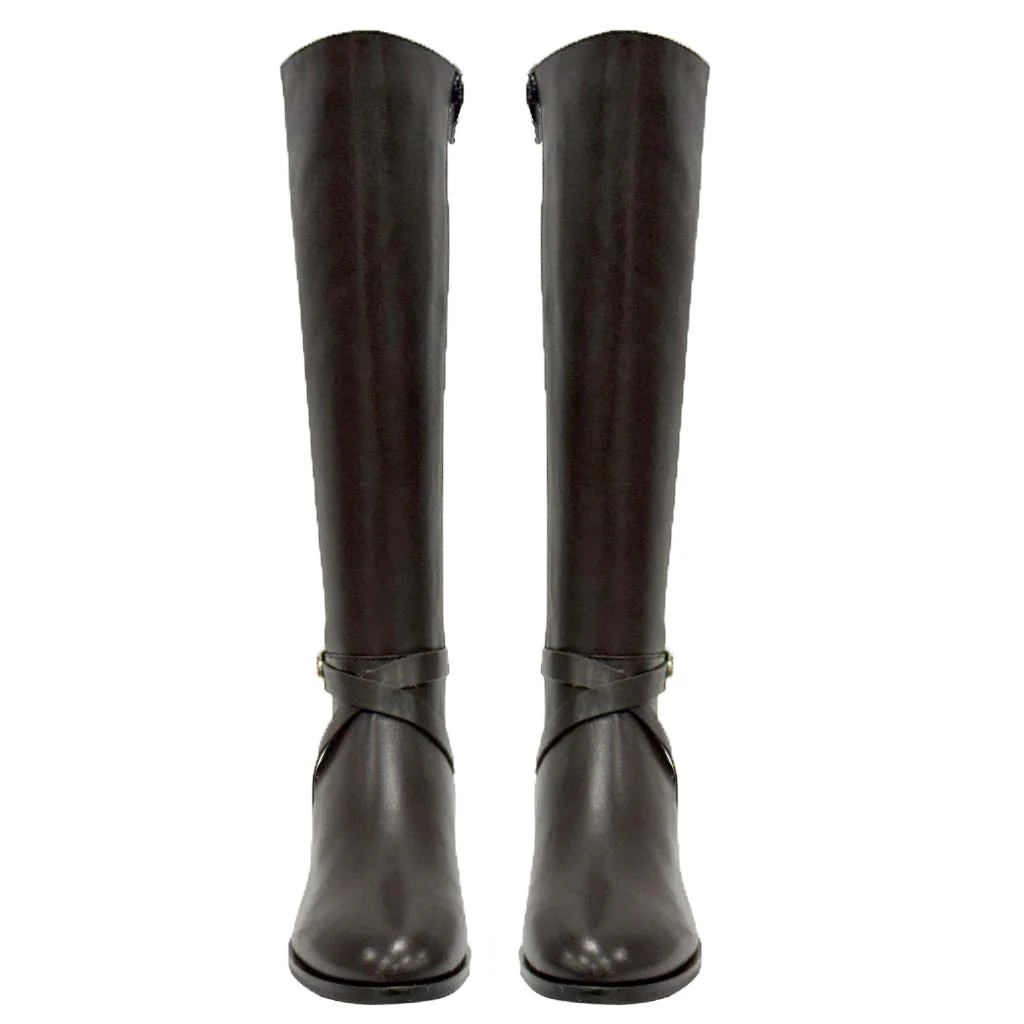 Saint Damaris Dark Brown Leather Buckle Decor Knee High Boots - Image 3
