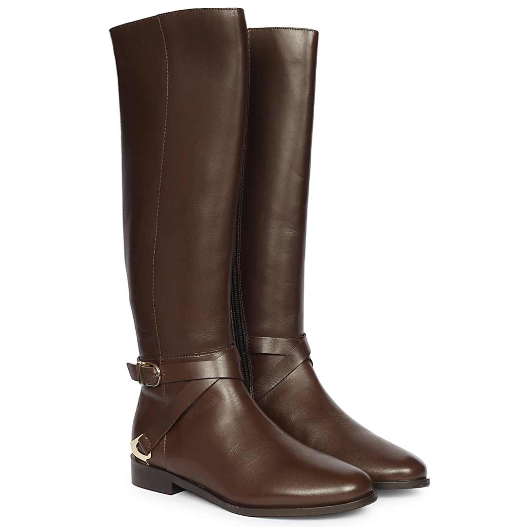 Saint Damaris Brown Leather Buckle Decor Knee High Boots - Image 2