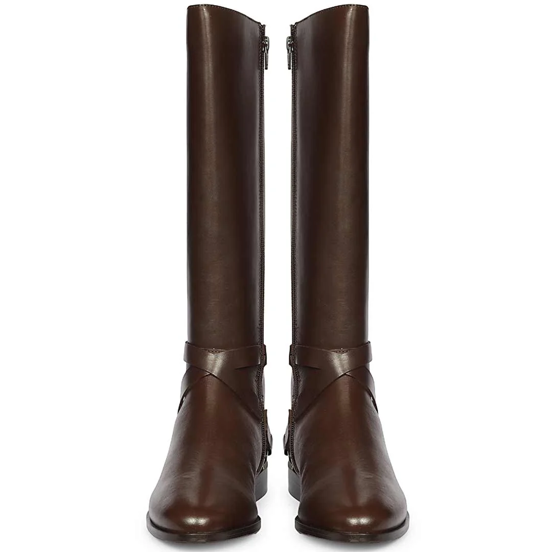 Saint Damaris Brown Leather Buckle Decor Knee High Boots - Image 3