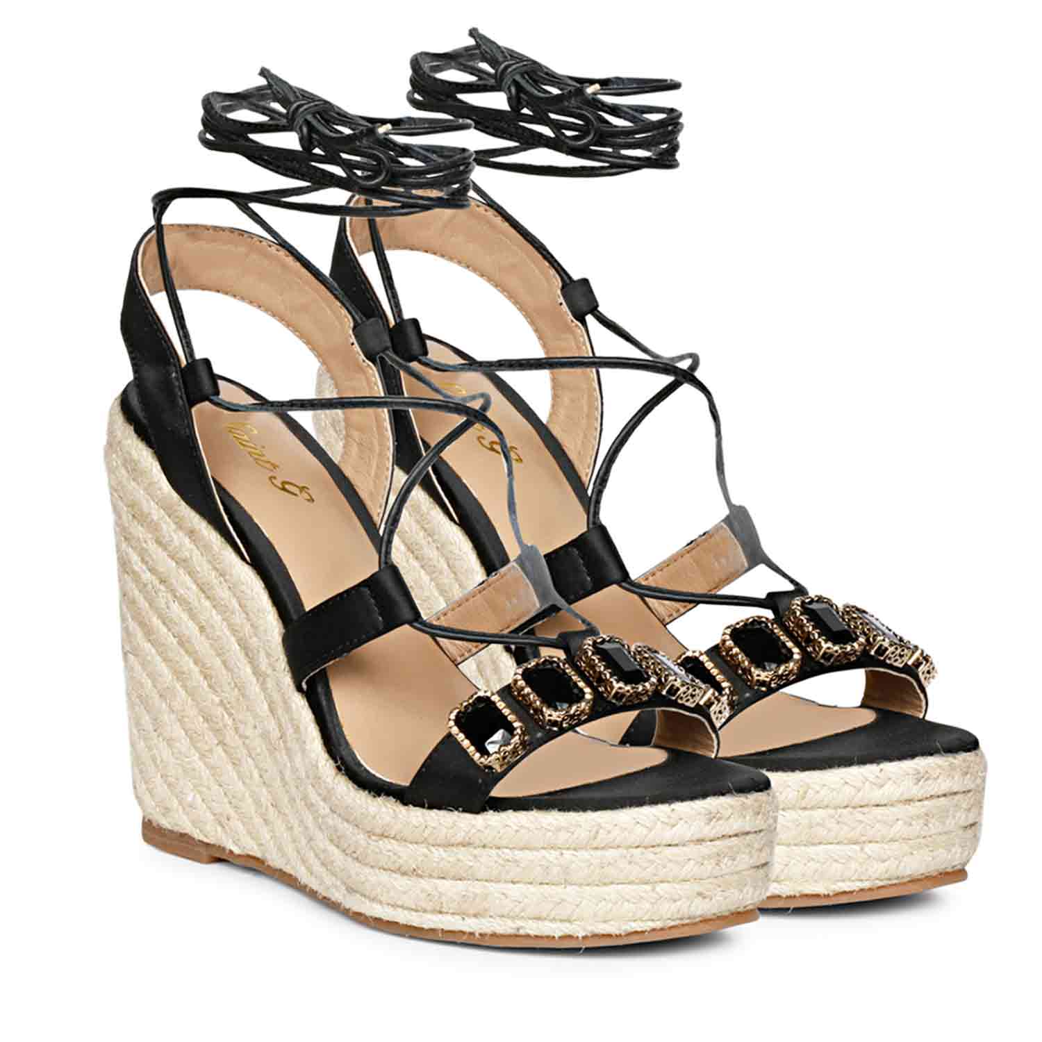 Saint Darina Stone Embellished Lace Up Leather Black Wedge Heels - Image 3