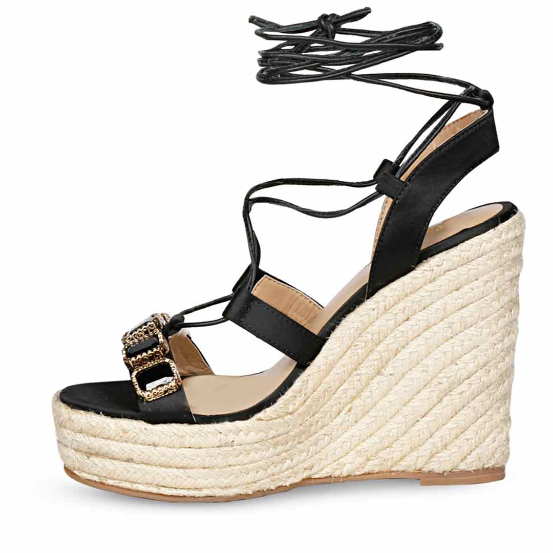 Saint Darina Stone Embellished Lace Up Leather Black Wedge Heels - Image 4