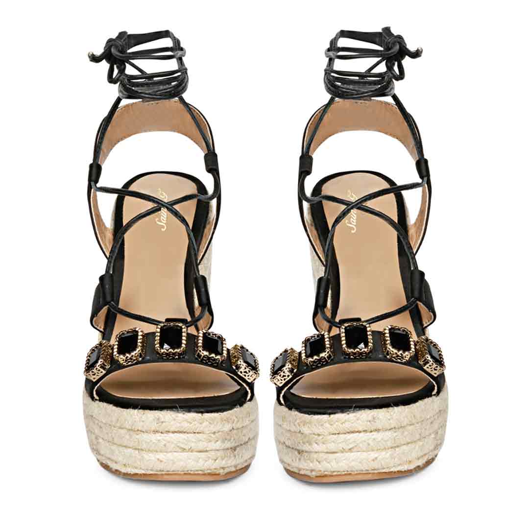 Saint Darina Stone Embellished Lace Up Leather Black Wedge Heels - Image 5