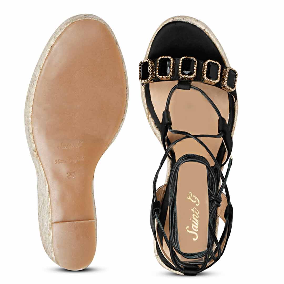 Saint Darina Stone Embellished Lace Up Leather Black Wedge Heels - Image 7